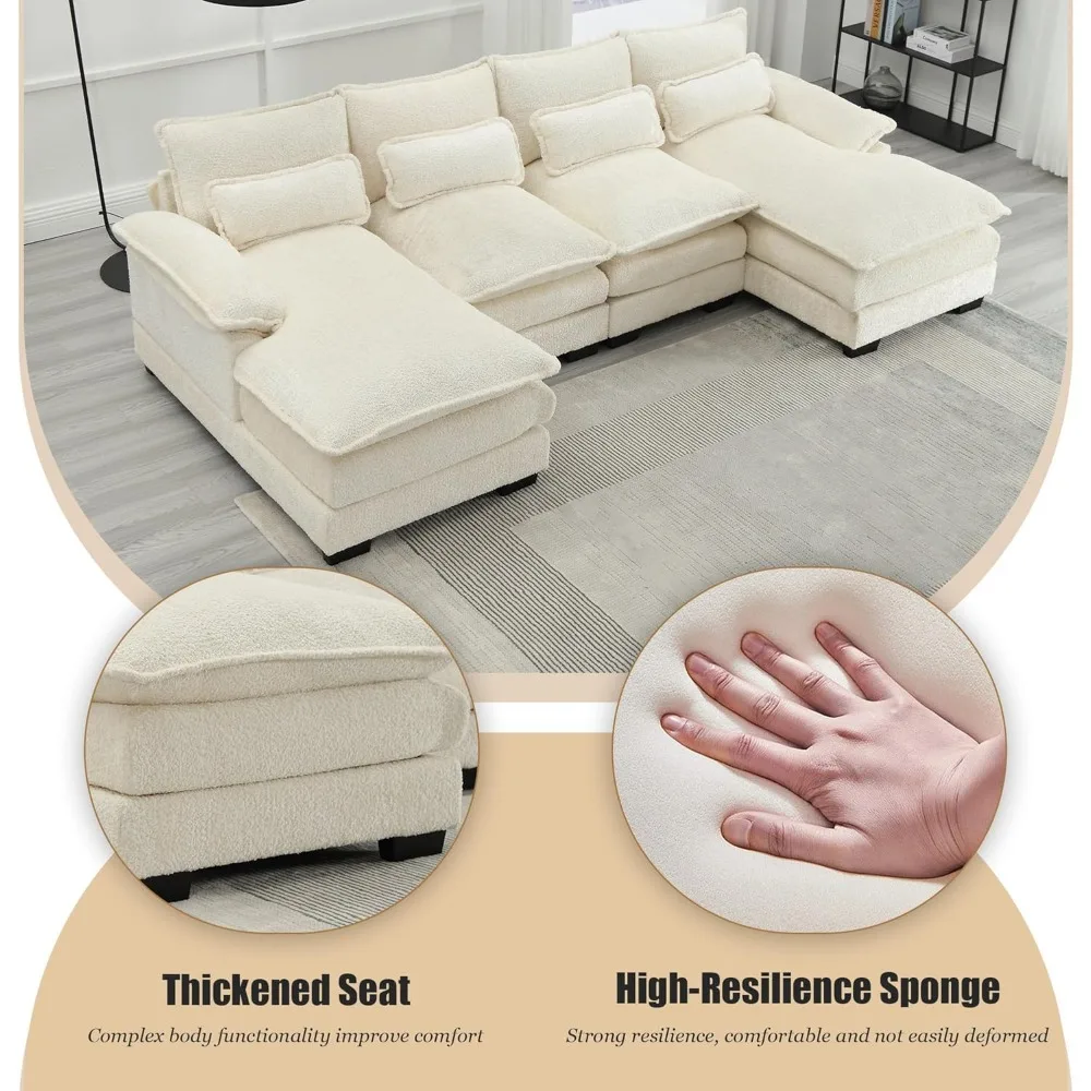 أريكة مقطعية على شكل حرف U مقاس 110 بوصة، أريكة وحدات كبيرة جدًا من الشنيل الحديث مع 4 وسائد، مجموعة أثاث من إسفنج الذاكرة مع مزدوج #4