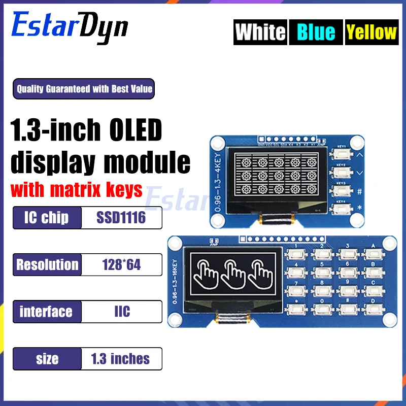 شاشة OLED مقاس 1.3 بوصة مع وحدة لوحة مفاتيح 4x4، SSD1116 128x64 Arduino متوافقة مع مشاريع DIY وRaspberry Pi