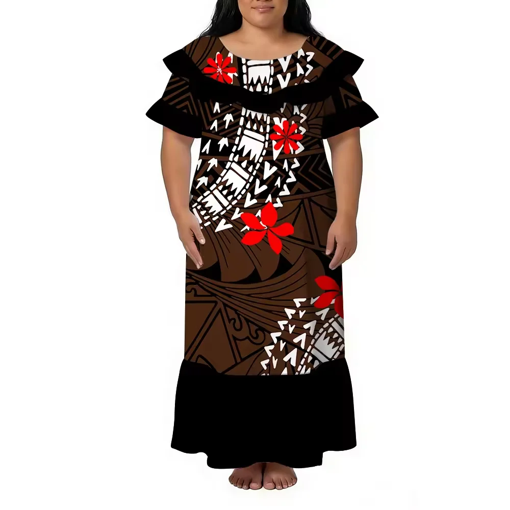 

Оптовая продажа: Летнее длинное платье в гавайском стиле с круглым вырезом, свободного кроя, с полинезийским принтом, женское, с двойными короткими рукавами-воланами