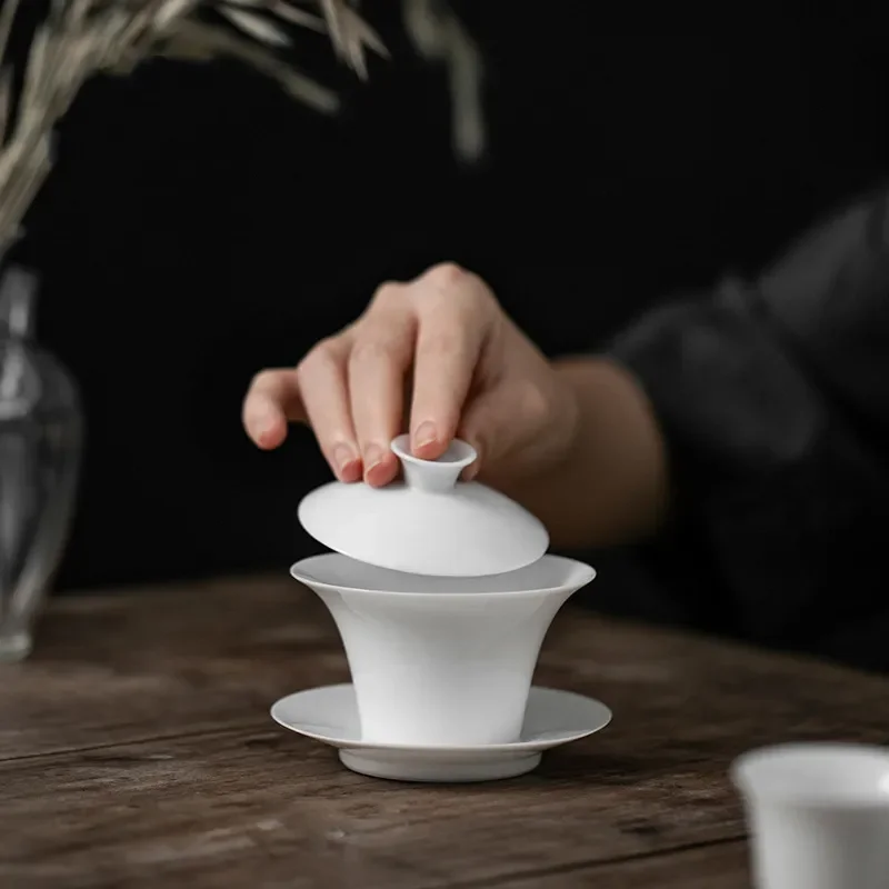 Loiesag Large White Porcelain Sancai Covered Bowl Ceramic Tea Set Kung Fu Cup Thin Tires Bubble Device Gaiwan