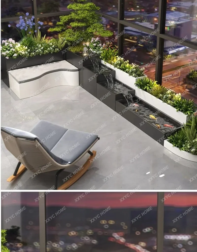 

L Finished Stainless Steel Courtyard Water Ornament Durable Circulating Waterfall Zen Landscape with Fish