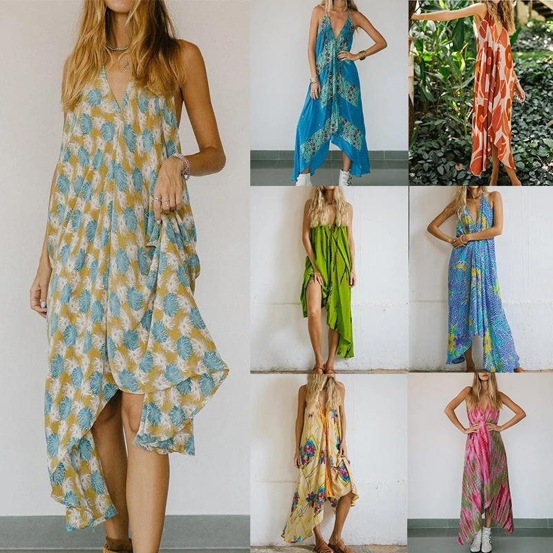 Backless Hollow-Out Holiday Long Dress V-Neck Sleeveless Irregular Hem Floral Print Suspender Style For Women Beach Party Summer