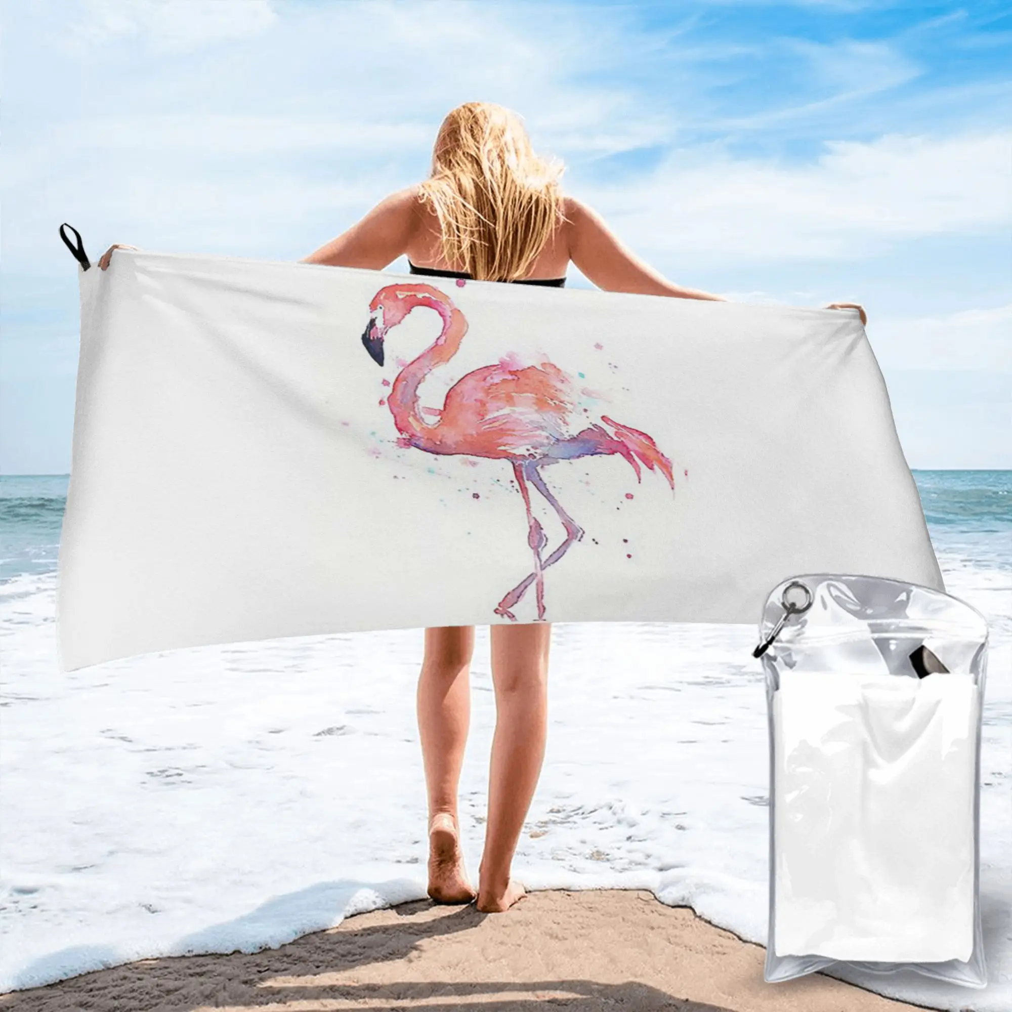 

Pink Flamingo Watercolor Illustration Beach Towel Soft Microfiber Quick Dry Absorbent Quick Towels For Pool