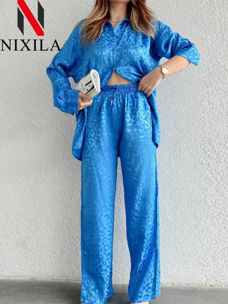 

Новинка весны и осени, женские пижамные комплекты, атласный офисный комплект из двух предметов с леопардовым принтом, домашний спортивный костюм, широкие брюки, костюм для женщин