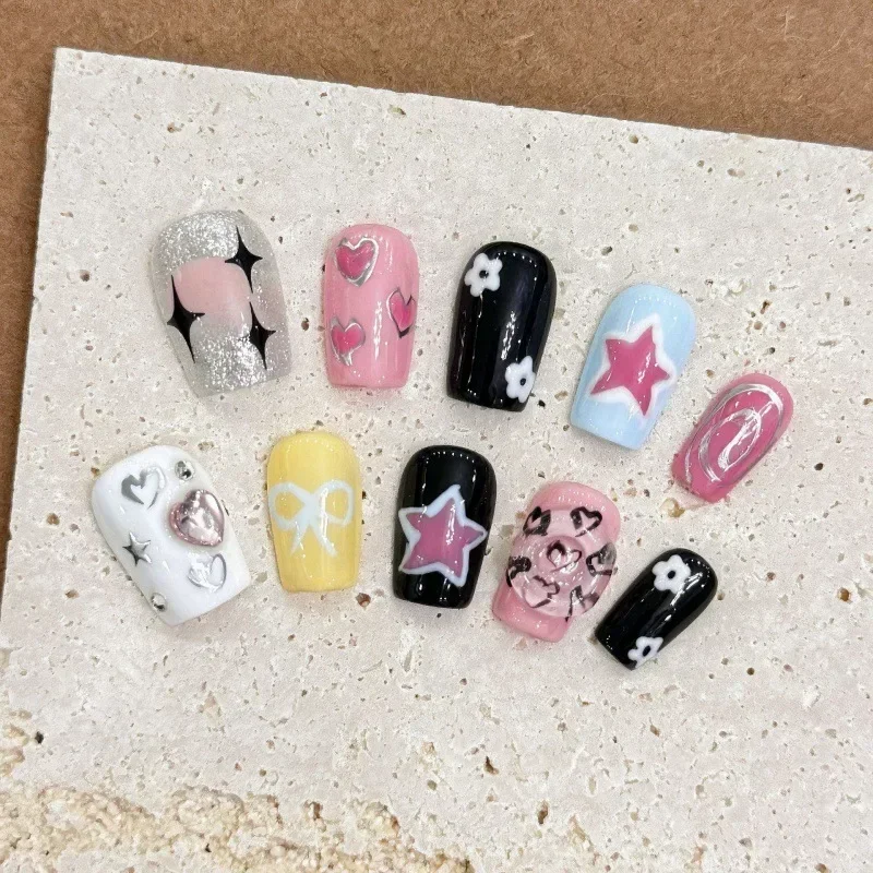 10Pcs Handmade Press On Nails Full Cover Pink Cat Eye Heart Design French Short Ballerina Fake Nails Wearable Manicure Nail Tips