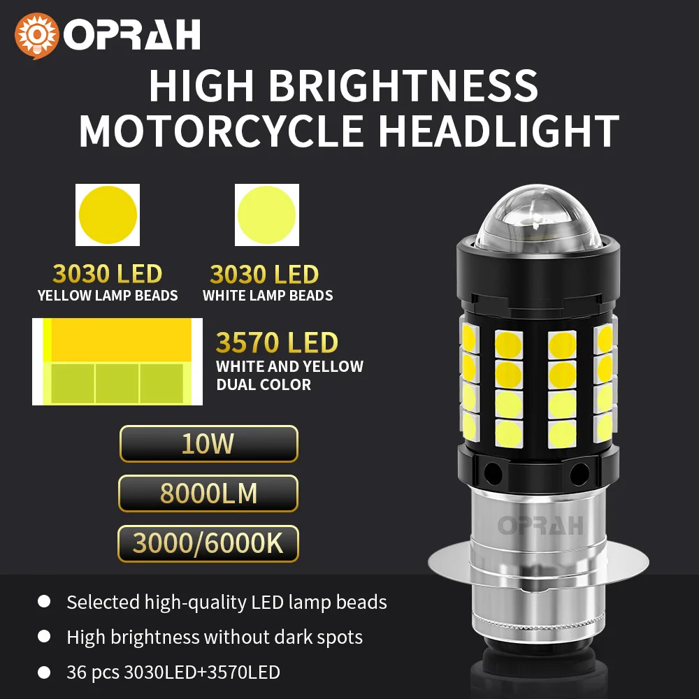 P15D LED Motorcycle Headlight Super Bright 3030 SMD Dual Color White Yellow Hi Lo Beam Lens Fog Lamp for Motobike Scooter Light