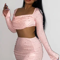 2023 Y2k Bodycon Sexy Two Piece Skirt Sets Women Outfits Square Collar Party Elegant Fashion Robe Woman Dresses Short Set