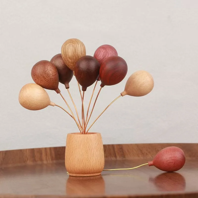Creativity Wooden Balloon Bouquet Desktop Ornament Handicraft In-Vehicle Study Home Decoration Beech Sapele Black Walnut Base