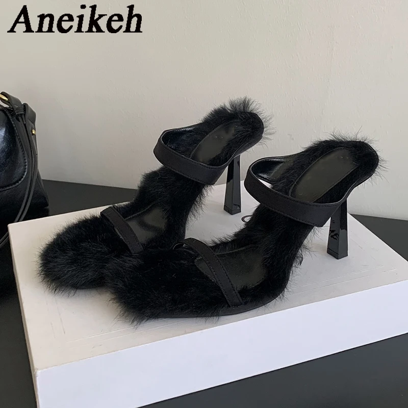 Aneikeh 2024 Square Head Open Toe Thin Heels Sandals Women\'s Elegant Sexy Fur High Heels Shoes Party Dress Zapatos Mules 34-39