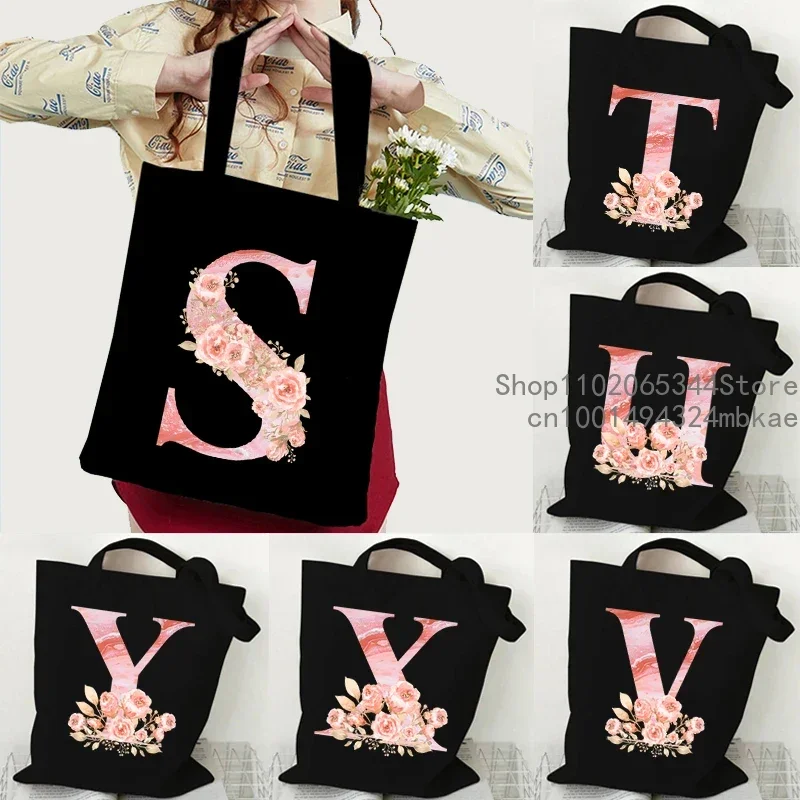 Fashion Trend Black Canvas Handbags Pink Sakura Alphabet Aesthetics Graphic Tote Bag Teenager Student Women Flower Shoulder Bag