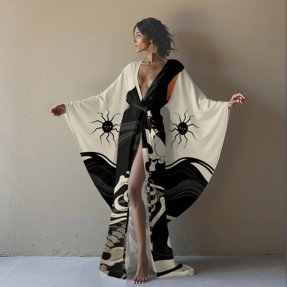 Elegante Fantasy-Robe mit hohem Schlitz für Damen, Gothic-Stil, Partykleidung, Skelett-Halloween-Robe, langärmelig, V-Ausschnitt, lange Robe, Cosplay