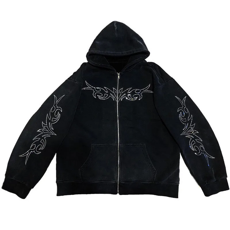 Y2K Zip Up Hoodie Letter Rhinestone Men Zipper Vintage Y2K Coat Oversized Hoodies Harajuku Streetwear Demon Sweatshirts Women