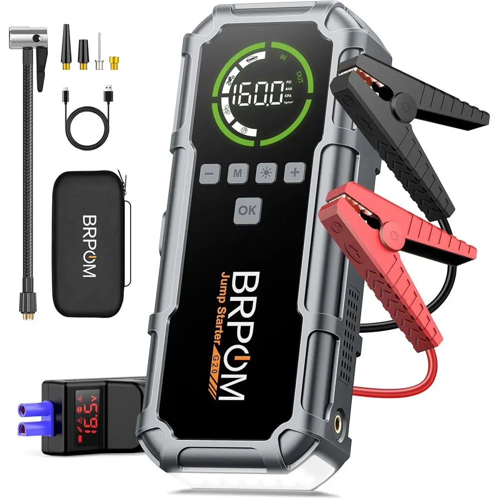 

8000A Portable Car Jump Starter with Air Compressor, 12V Power Pack, LCD Display, 600 Lumen Flashlight