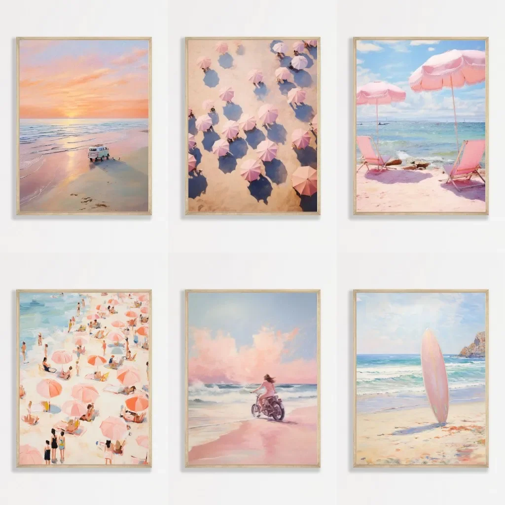 2026 Retro Pink Coastal Landscape Art Print Girly Pastel Beach  Sunset Umbrellas Canvas Poster Apartment Bedroom Decor