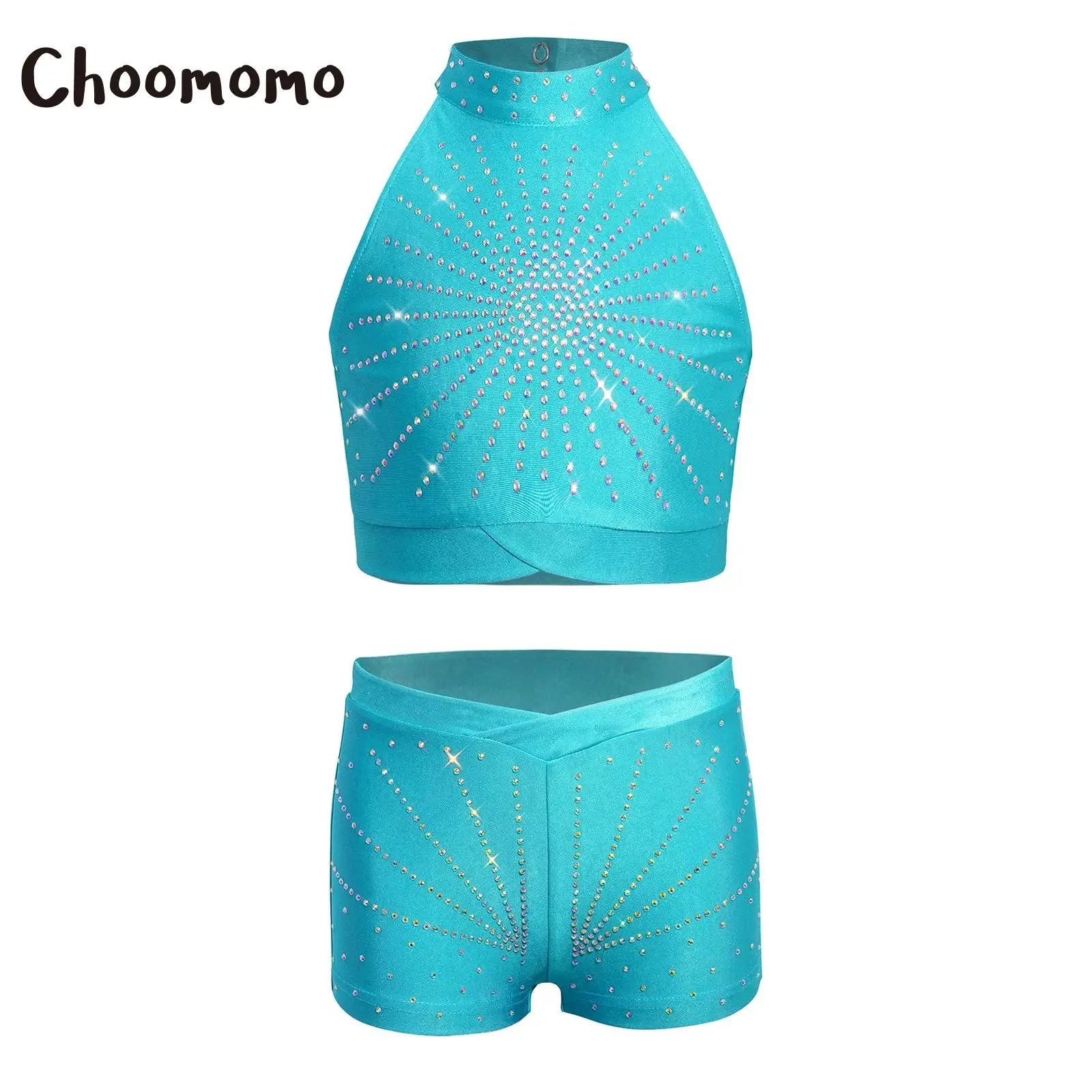 

Kids Girls Ballet Figure Skating Gymnastics Dance Outfit Sleeveless Cutout Back Rhinestone Crop Top And Shorts Dance Sports Set