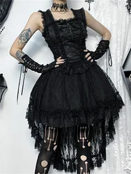 2024 Steampunk Cosplay Black Gothic Party Dress Lace Vintage High Low Women's Y2K Grunge High Waist Bodycon Punk Lolita Dresses