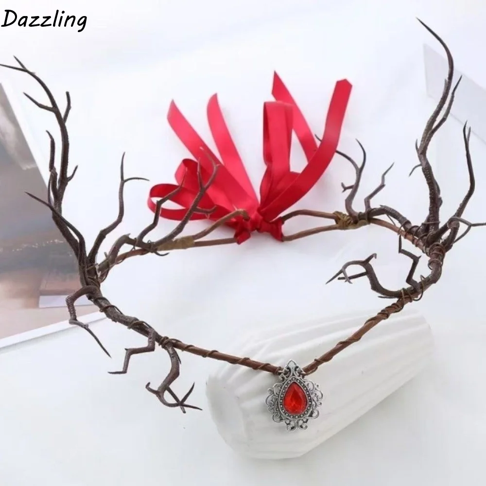 

Festival Vine Elven Crown Diadem Rhinestone Decorated Elf Tiara Simulate Tree Leaves Fantasy Fairy Headpiece Forest Wedding