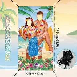 1pc, Hawaiian Luau Couple Photo Banner Props Hanging Photo Backdrop Decor For Aloha Party Tropical Beach Party Favors Supplies