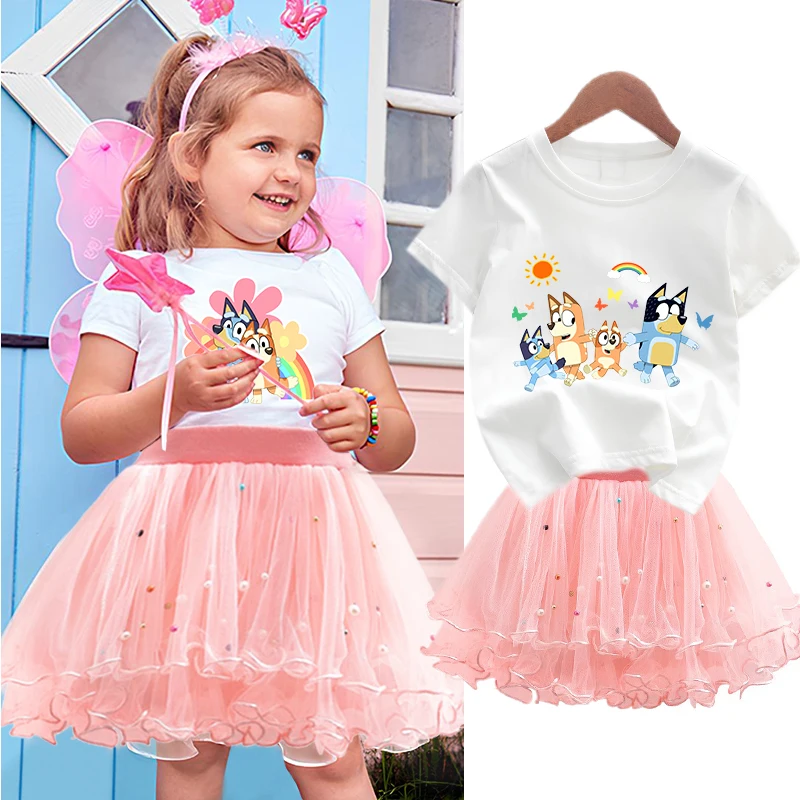 2Pcs/Set Bluey Girl Dress Kid Birthday Clothes Party Princess Dress Cartoon T-shirt+Tutu Skirt Summer Evening Gift