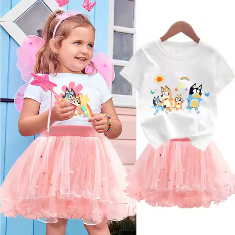 2Pcs/Set Bluey Girl Dress Kid Birthday Clothes Party Princess Dress Cartoon T-shirt+Tutu Skirt Summer Evening Gift
