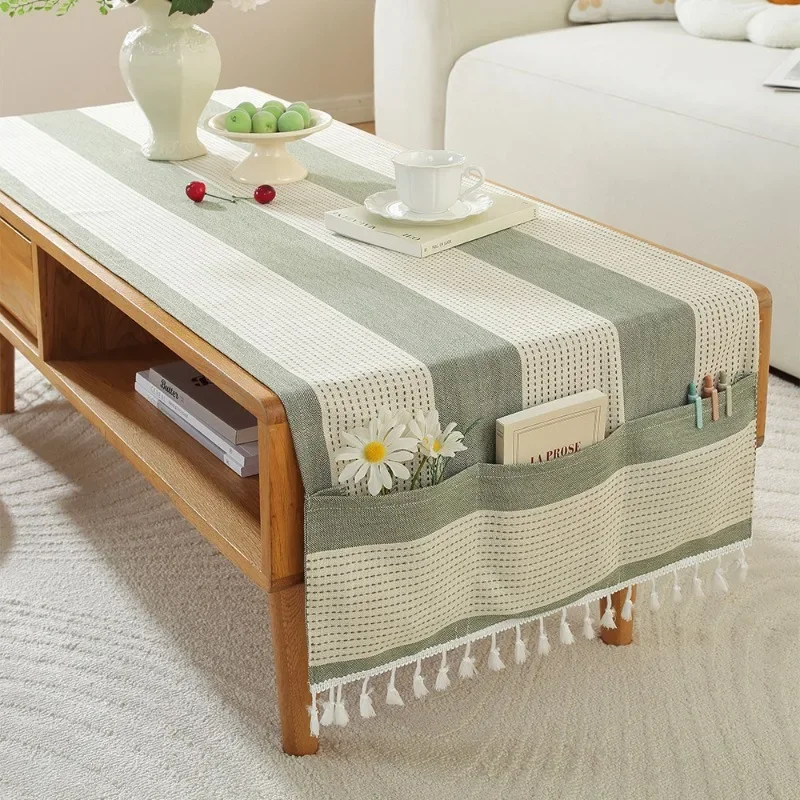 Modern Solid Color Color Desk Mat Cotton Linen Hollowed Out Tassels Pendant Tablecloths Rectangular Storage Pocket  Tables Pad