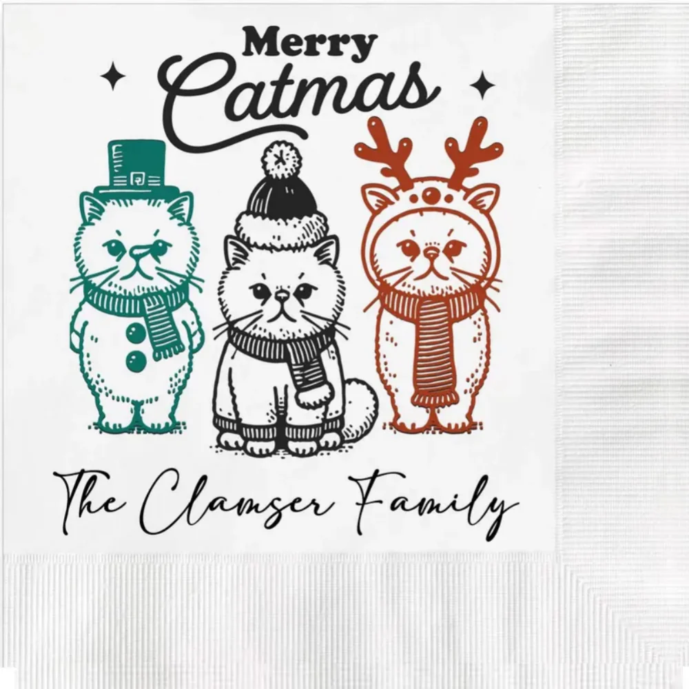 مخصص عيد ميلاد سعيد Catmas تحت عنوان 3 طبقات قسط مخصص كوكتيل المناديل قياس تخصيص الأسماء والتاريخ أو أي رسالة أخرى #2