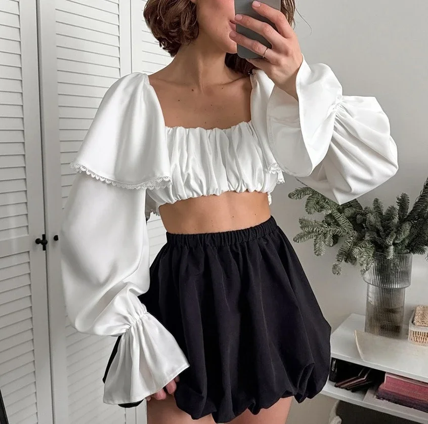 Fashion Crop Top For Spicy Girls, Women's Short Style, 2026 Summer Spliced Ruffle Edge Pullover Shirt