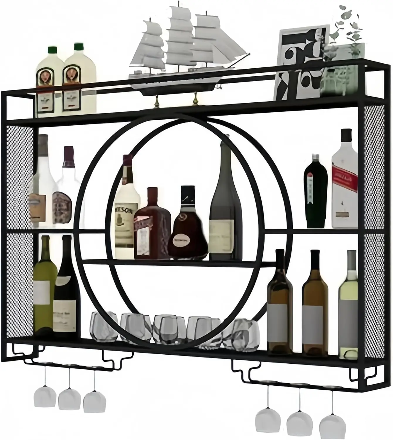 

55 Inch Black Metal Wall Mounted Wine Rack, 3-Tier Bar Shelves with Glass Holder for Kitchen and Dining Room