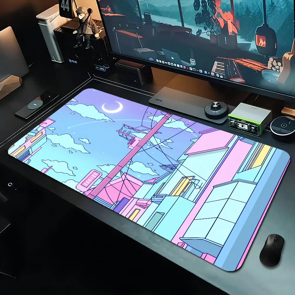 Vaporwave Style City Night Street INS Tide Large Desktop Desk Mat Kawaii Gaming Accessories Students Writing Pad For PC Mouse