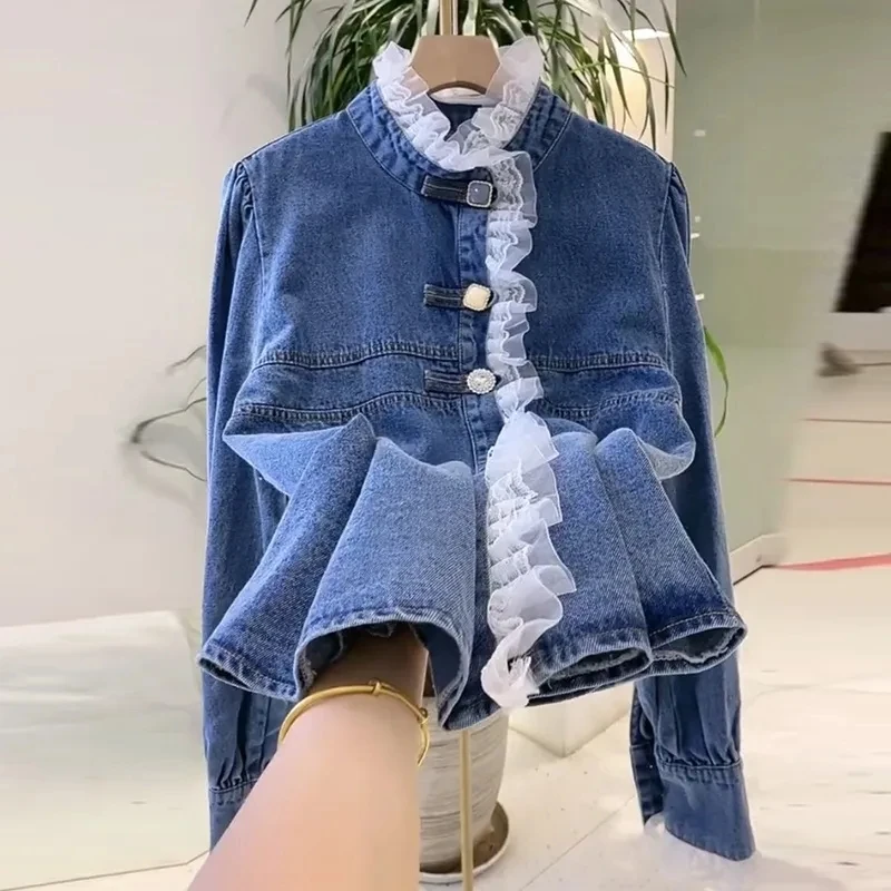 

Spring Autumn Lace Stitching Chic Denim Shirt 2024 Women's Korean Sweet Loose Jean Blouse Fashion Long Sleeve Female Tops