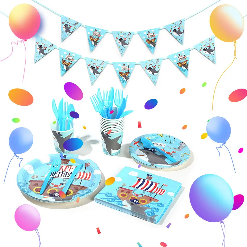 Pirate Shark Theme Birthday Decoration Disposable Cutlery Paper Cup Paper Plate Paper Towel Birthday Party Supplies Baby Shower