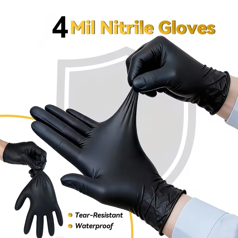 100/200PCS Black Nitrile Disposable Gloves 4Mil Non-Sterile Household Cleaning Work Gloves for Women Kitchen Gardening Hair Dye