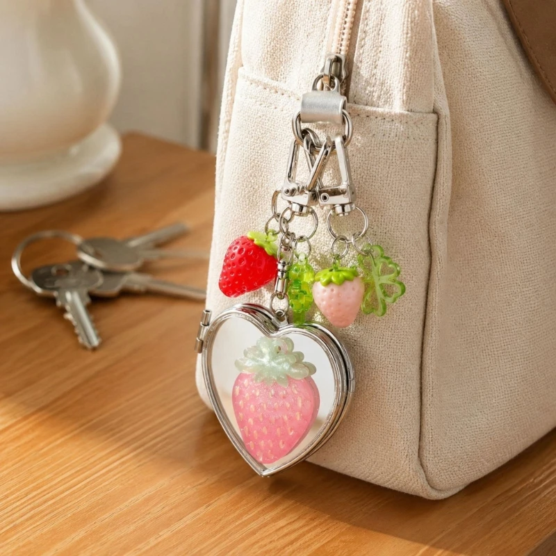 New Strawberry Acrylic Keychain Pendant Heart Design Folding Makeup mirror Keychain Decorative ​for Women Bag Backpack