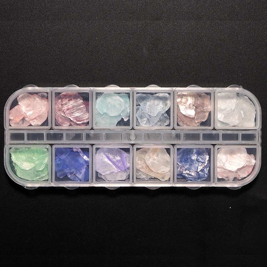 12 Gitter Seidenmatt-Muschelschalen-Flocken, schillernde dünne Muschelscheiben, Opal-Muschelfragmente, Nageldekoration, 3D-Glitzer-Pailletten für Maniküre – Detail 12