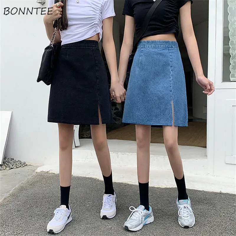 Skirts Women Tender Denim High-waist Summer Trendy A-line Casual Side-slit Korean Style Faldas All-match Friend Streetwear Youth