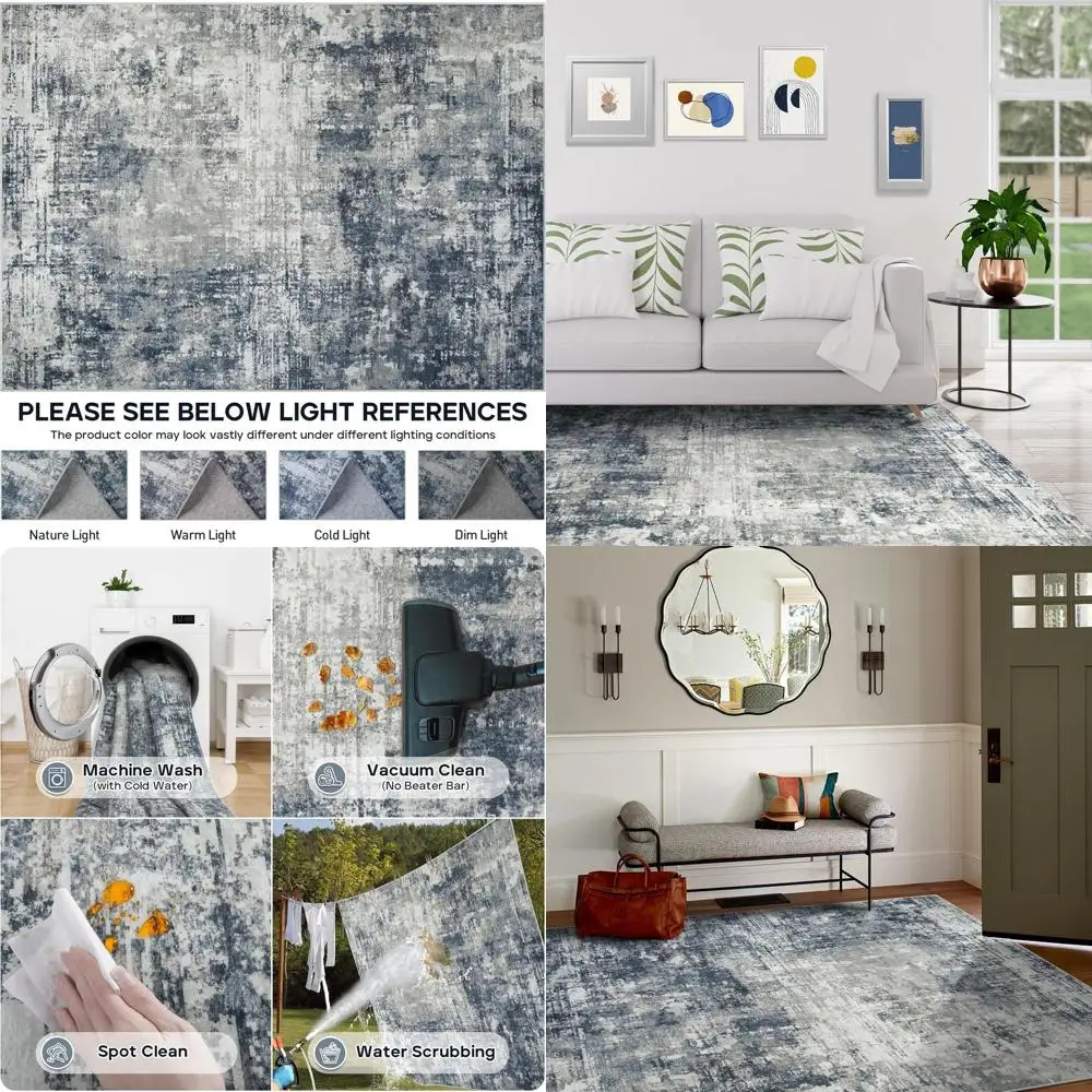 

Современные моющиеся ковры 6x9 для гостиной, столовой, спальни и офиса - абстрактный дизайн, низкий ворс, нескользящие, синие и серые