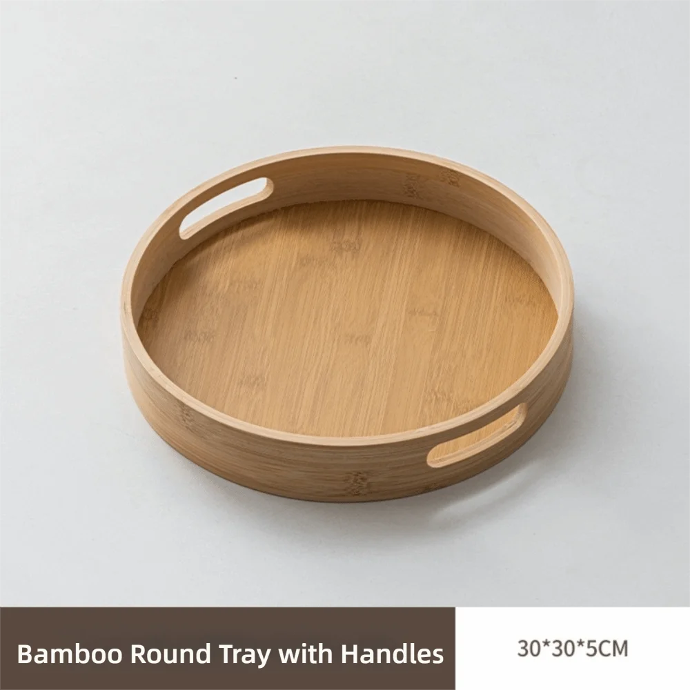 Nouveau plateau rond en bois, plateau à thé et à nourriture en bois de 25/30/35/40 cm avec poignée, plateau à dessert, plateau à café, plateau de table pour la maison