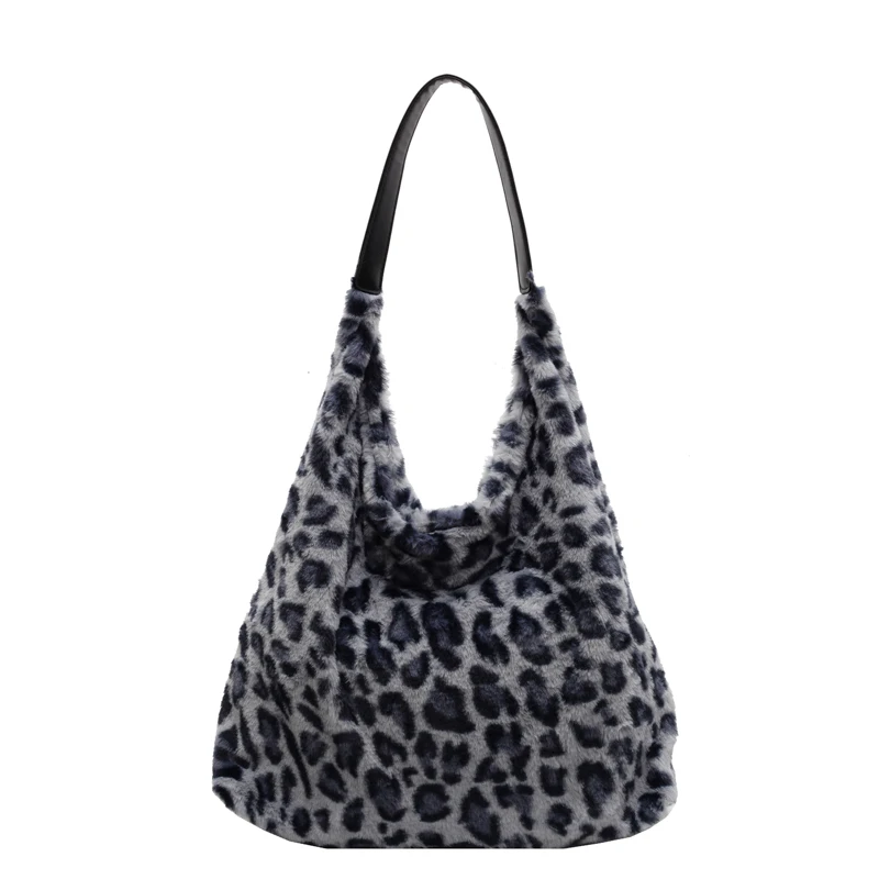 Women Plush Leopard Shoulder Bag Fashion Shoulder Purse Large Capacity Trendy Carrying Bag Slouchy Tote Bag Outdoor Travel Bag