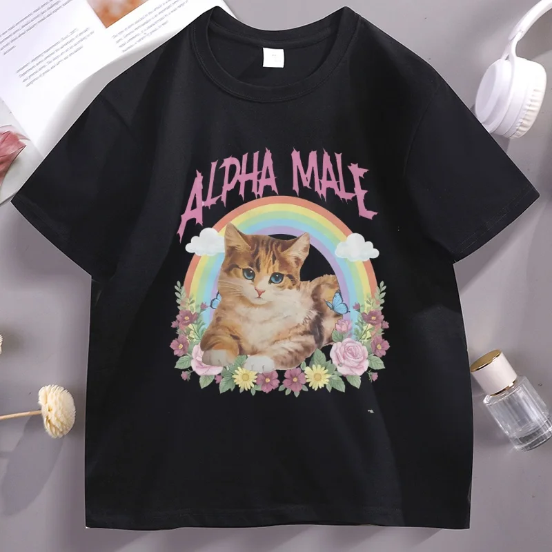 

Alpha Male Funny Kitten Tshirt Rainbow Men Women Cotton Short-sleeve T Shirt Clothes Casual Breathable Round Neck Male Clothes