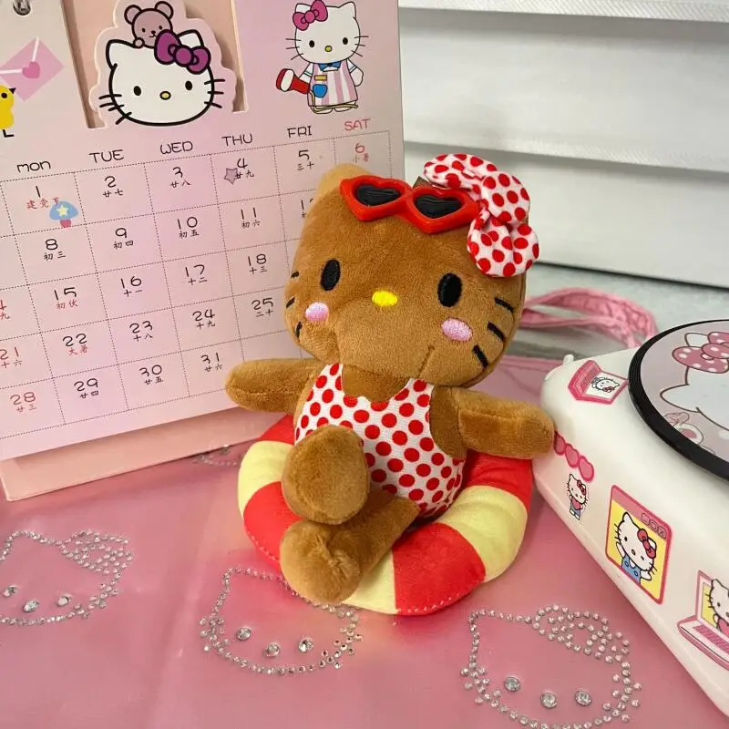 12 cm simpatico cartone animato Kawaii pelle nera cerchio di nuoto con pois Hello Kitty peluche bambola portachiavi borsa ciondolo giocattolo regalo