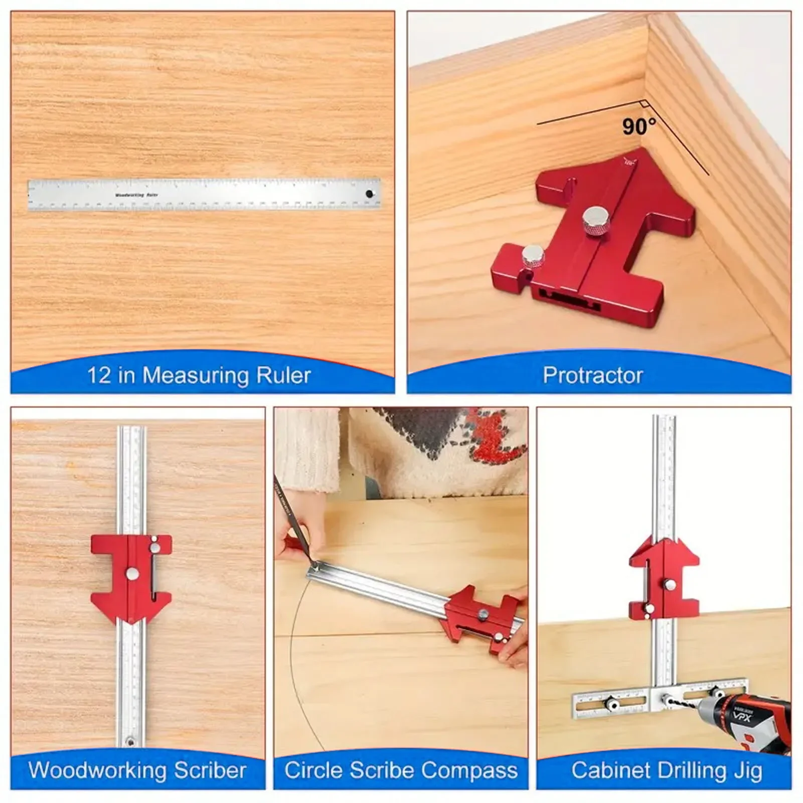 แม่แบบติดตั้งฮาร์ดแวร์ตู้ 5 in 1 ขนาด 7.5 นิ้ว ปรับระยะห่างรูได้ 30 45 60 90 120 135 องศา เครื่องมือช่วยเจาะรูสำหรับงานไม้