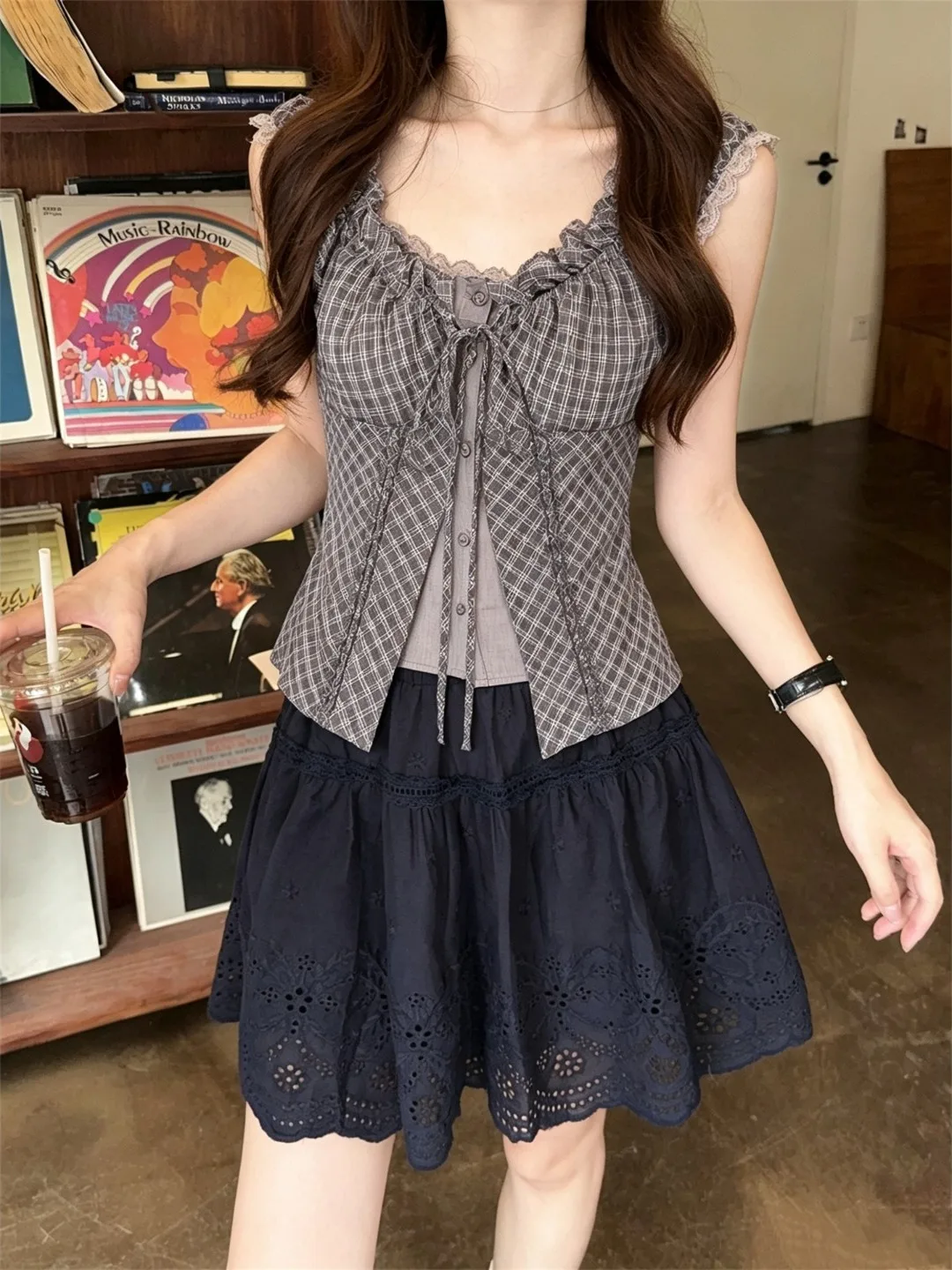

Summer Lace Trim Blouse Women's Pure Desire Spicy Girl Plaid Shirt Fly Sleeve Vest Top Korean Style Commute Wind Waist in