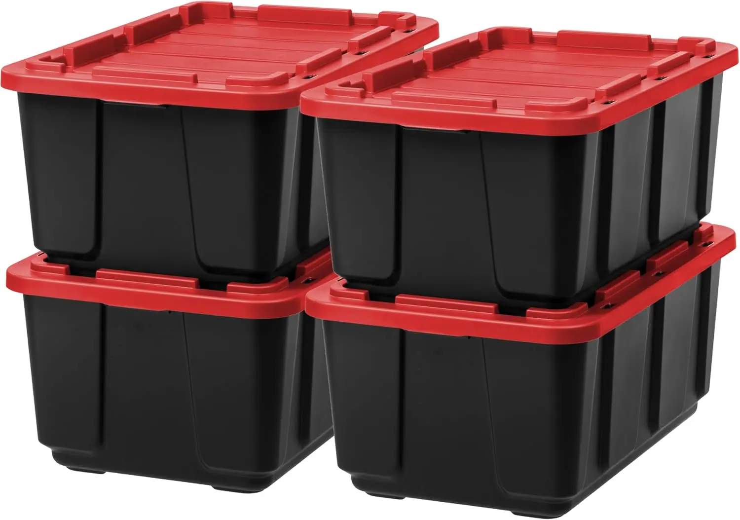 

USA 27 Gallon Large Heavy-Duty Storage Plastic Tote 4 Pack Rugged Garage Organizer Container with Durable Snap Lid, Black/Red