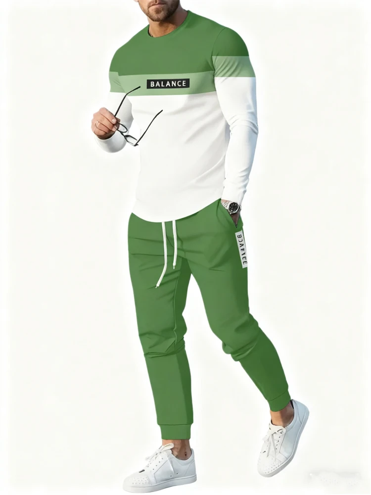 

New Men's Spring And Autumn 2-piece 3D Simple Print Sets Men's Everyday Casual Long Sleeve T-shirt And Street Fashion Long Pants