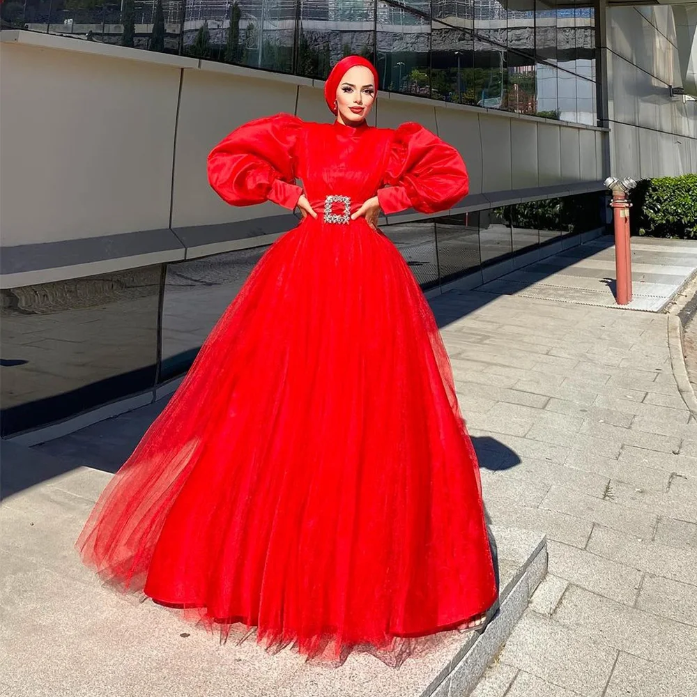 

Sevintage Modest Red Prom Dresses Long Sleeves High-Neck A-Line Arabic Muslim Evening Dress Turkish Formal Party Gowns abiye