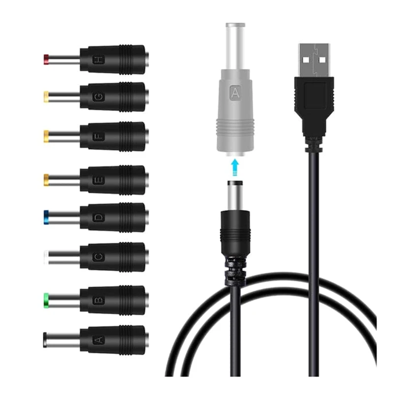 Kit de câble d'alimentation USB vers DC universel avec 8 cavernes, idéal pour les routeurs, les lampes lunaires, les lumières LED, les haut-parleurs, et plus encore