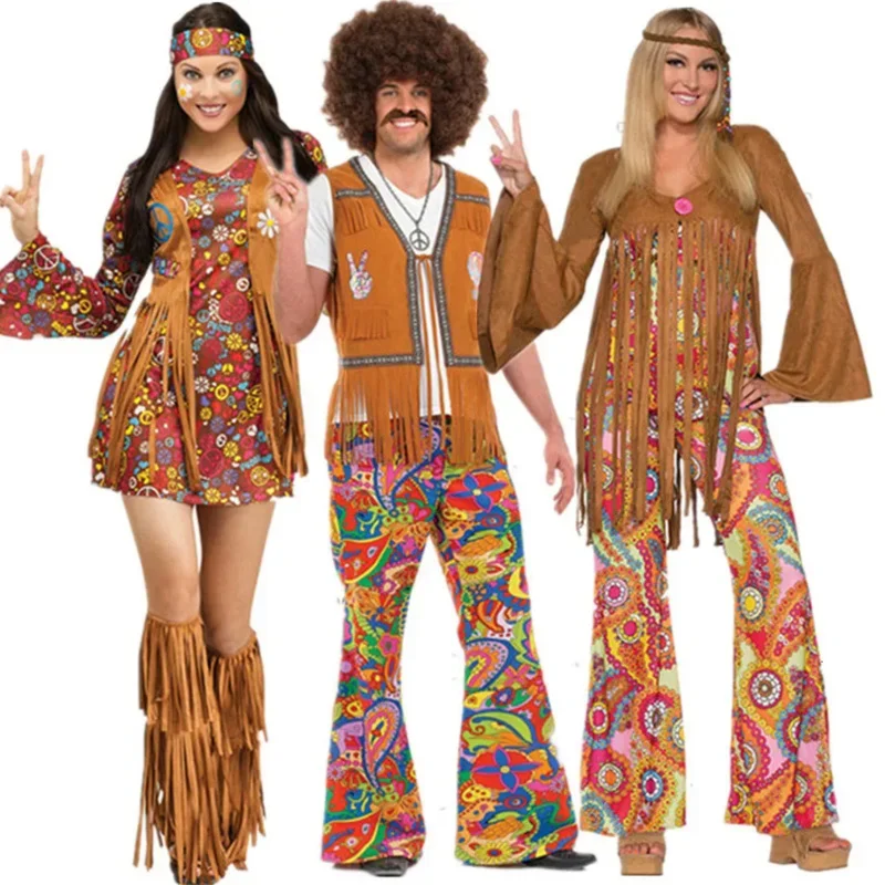 Retro 60s 70s Hippie Cosplay Carnival Halloween Costume for Men Women Fancy Disguise Clothing Party Fringed Native Night Club M1