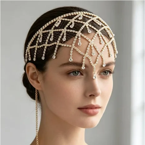 Rhinestone Mesh Forehead Chain Headpiece Bridal Party Festival Glitter Hair Accessory