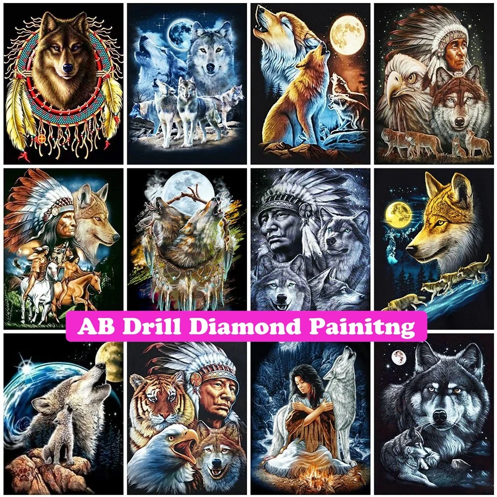 

Indians and Wolf DIY AB Drills Diamond Painting Cross Stitch Embroidery Dream Catcher Square Round Mosaic Rhinestone Home Decor