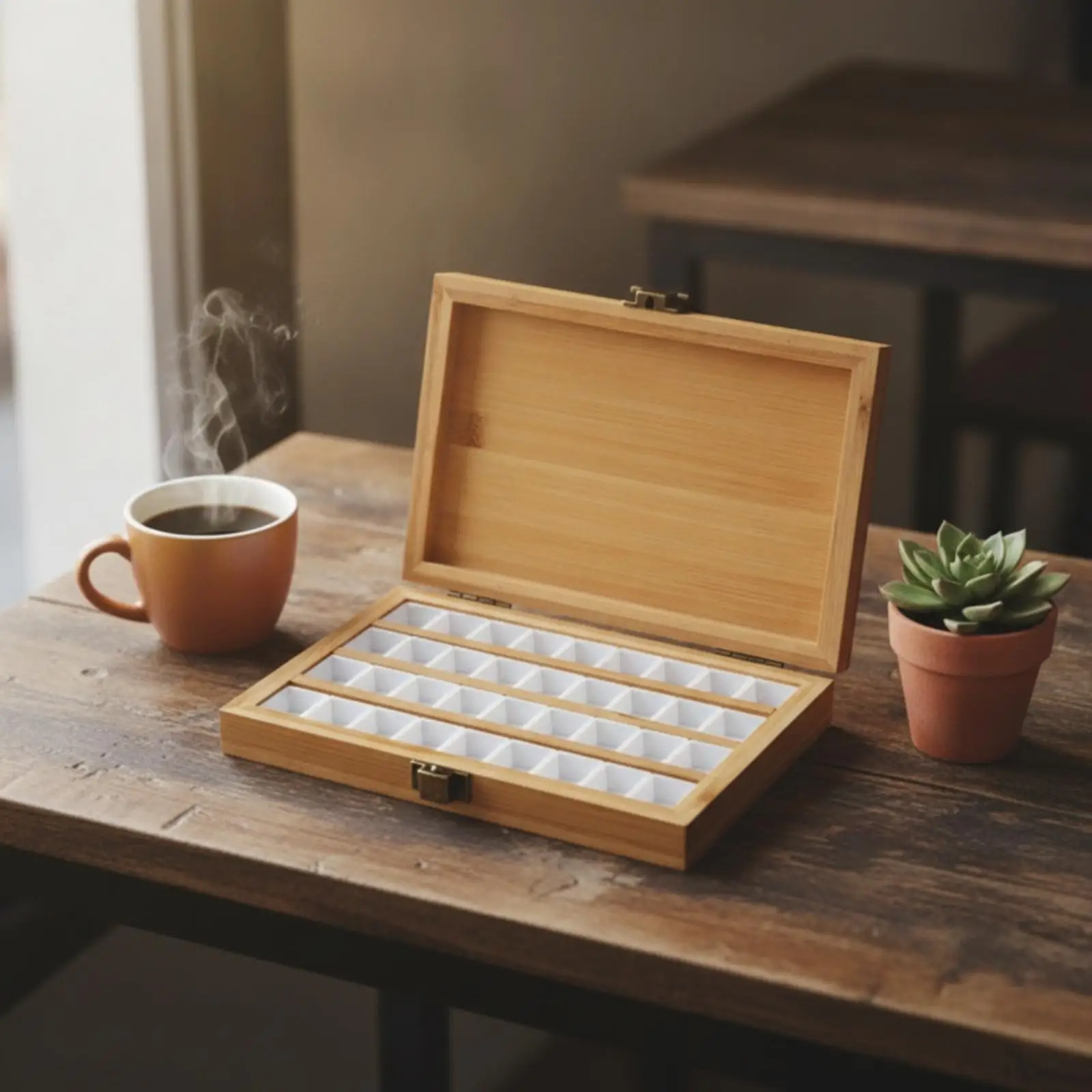 Wooden Nail Art Paint Palette Box with Hinged Lid and Compartment Tray for Watercolor Pigments Portable Craft Storage Organizer - view 3